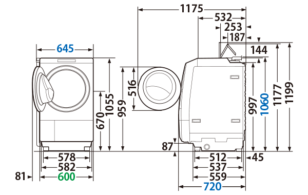 寸法・仕様 | TW-127XP1L/TW-127XP1R | 洗濯機・洗濯乾燥機 | 東芝
