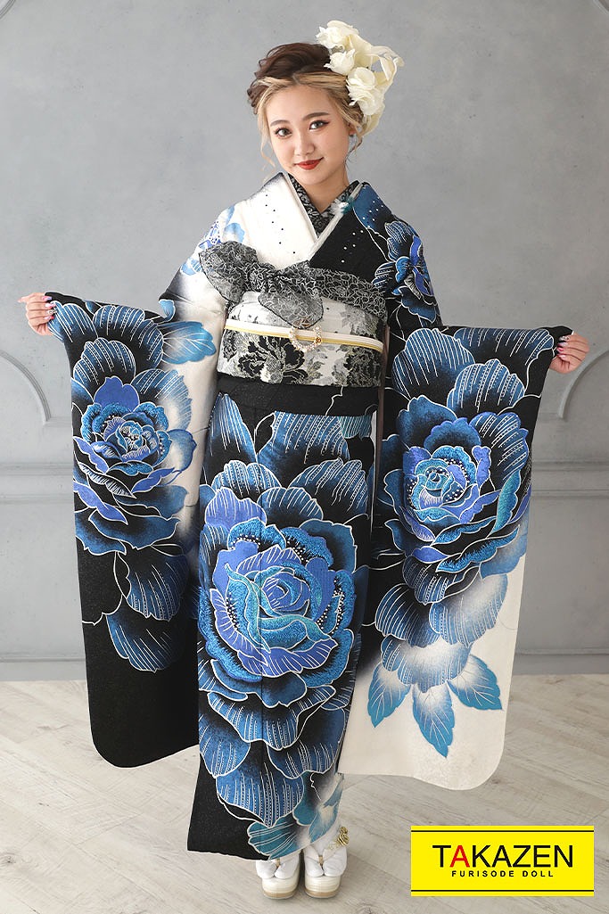 クール系 黒/青 薔薇柄 目立つ大柄 派手振袖 キラキラスワロフスキー