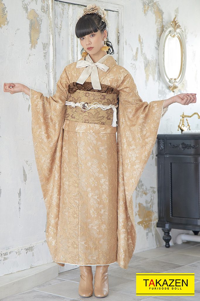 ヴィンテージスタイル ベージュ 総レース 人と被らない振袖 ブーツ
