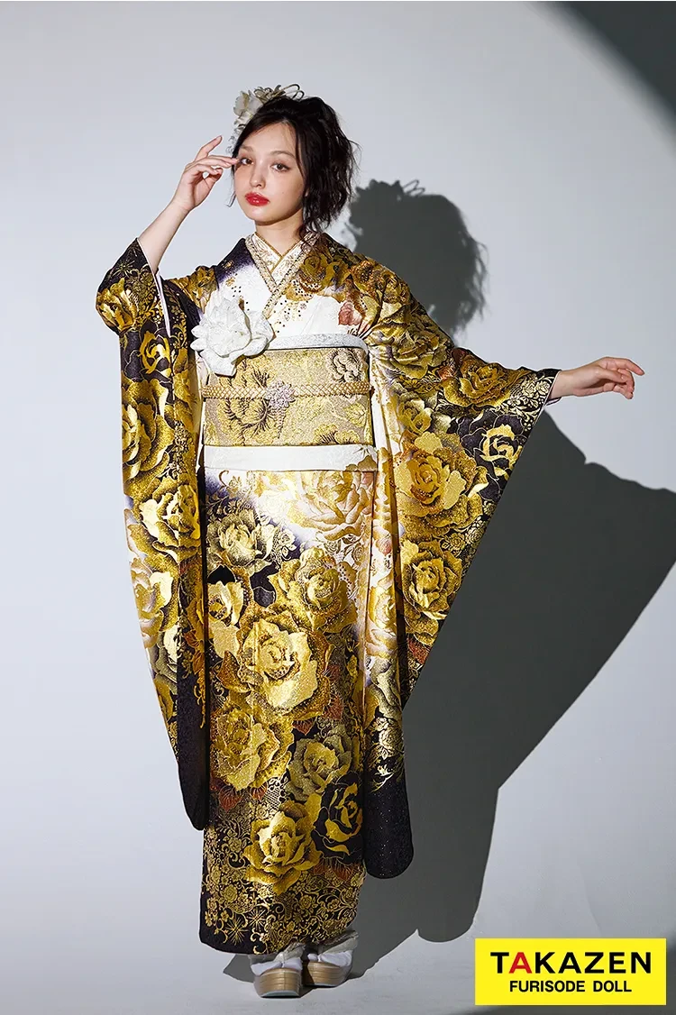 グラマラス 白/黒/ゴールド(金色) バラ柄 派手 1番目立つ ギャル振袖
