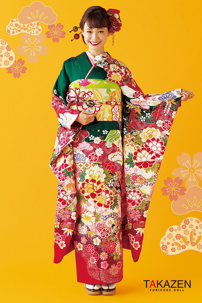 格安正統派古典 赤/グリーン(緑色) 牡丹柄 上品 大人かわいい 古典振袖