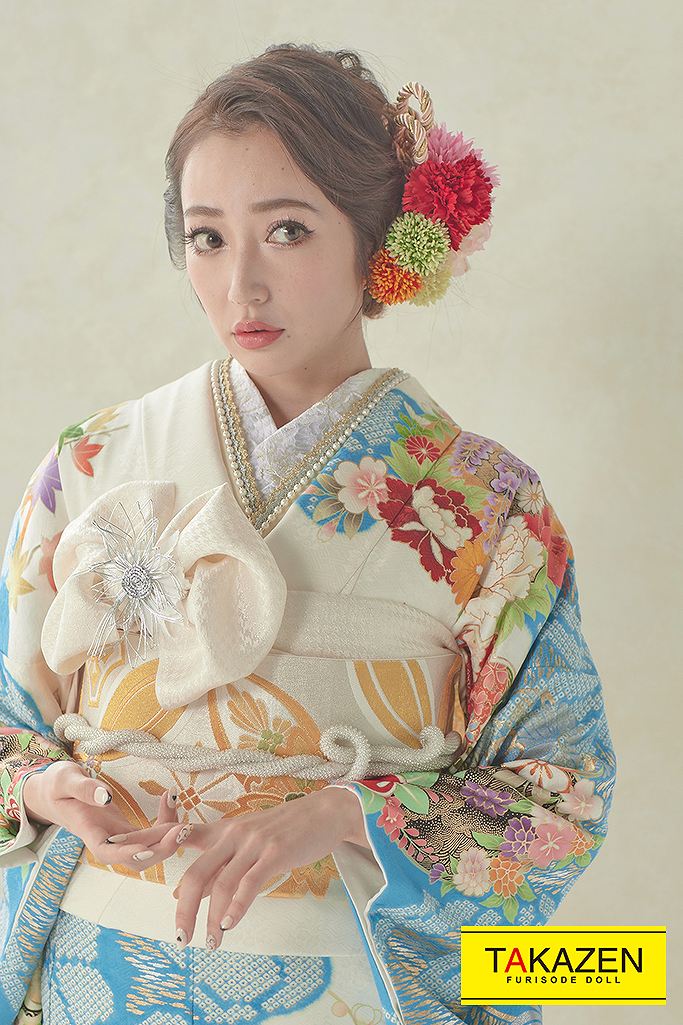 正統派古典 白/水色/ブルー 牡丹柄/扇柄 綺麗 上品 大人っぽい古典