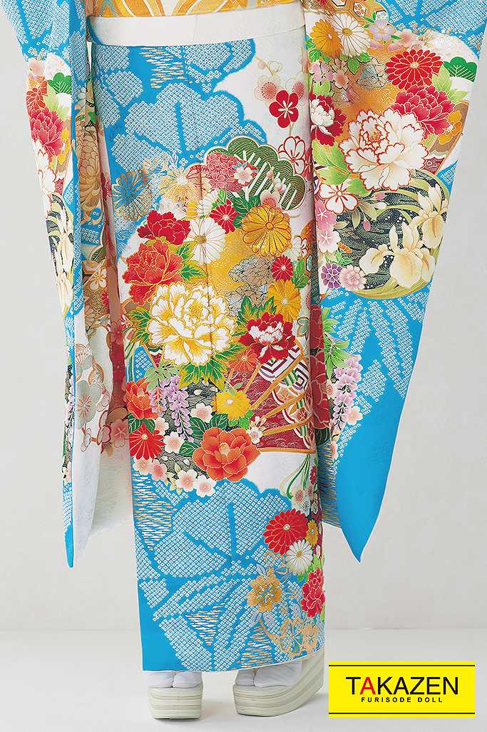 正統派古典 白/水色/ブルー 牡丹柄/扇柄 綺麗 上品 大人っぽい古典