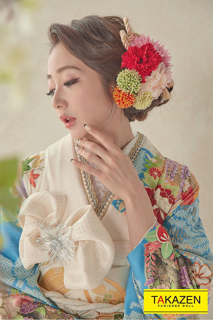 正統派古典 白/水色/ブルー 牡丹柄/扇柄 綺麗 上品 大人っぽい古典