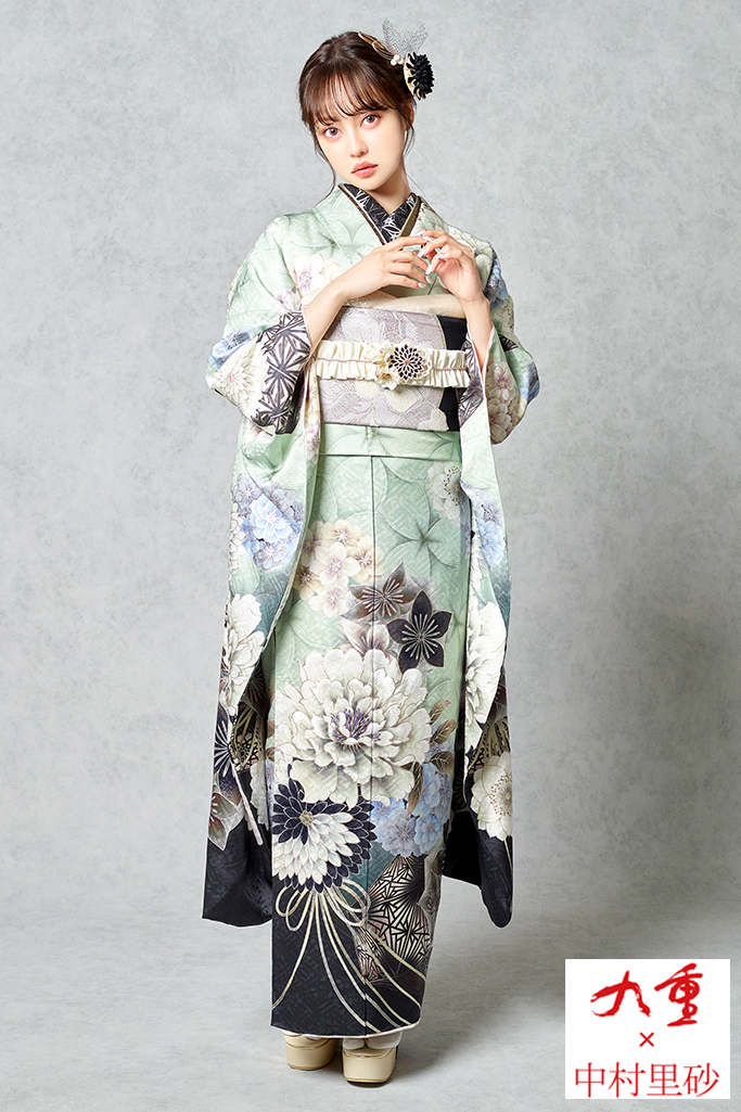 九重×中村里砂 水色/ミントグリーン/アイスブルー 牡丹柄 おしゃれ