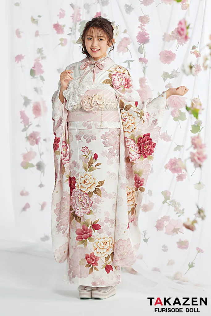 くすみカラーガーリー 白/ピンク/淡色 牡丹柄 あざとかわいい 人気