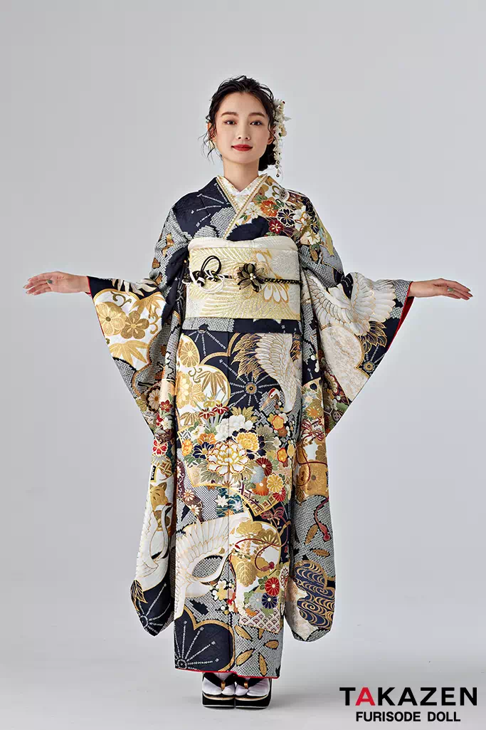 正統派古典 紺/金/ネイビー 鶴柄/絞り模様 大人っぽい 豪華 柄多め