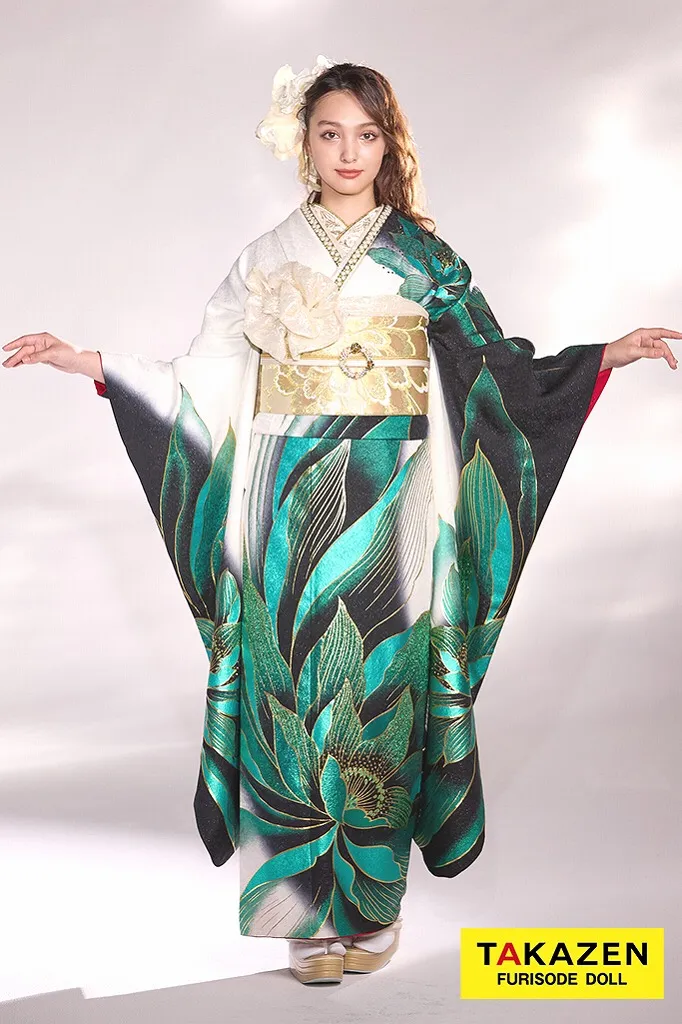 モード 緑/白/黒 牡丹柄/大柄 派手 ギャル系振袖 目立つ かっこいい