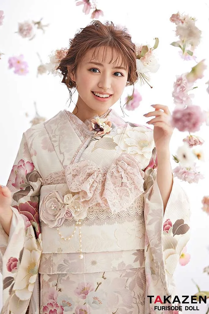 くすみカラーガーリー 白/ピンク/淡色 椿柄 かわいい リボン小物コーデ