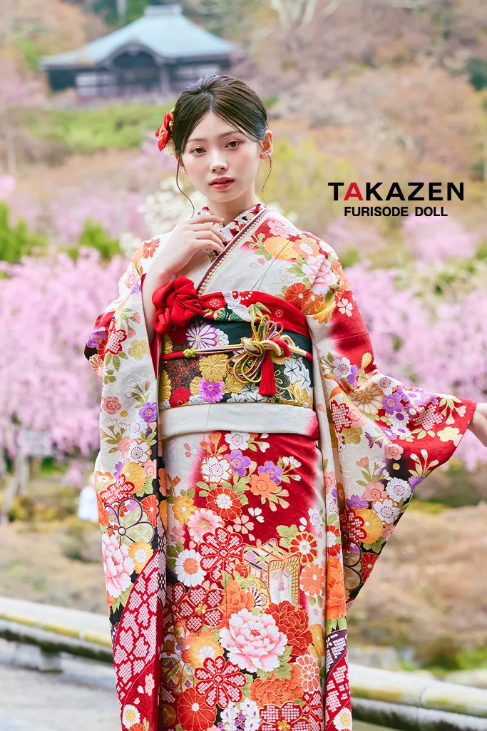 正統派古典 白赤 IKKO振袖 牡丹柄/御所車 定番人気 綺麗 華やか 清楚