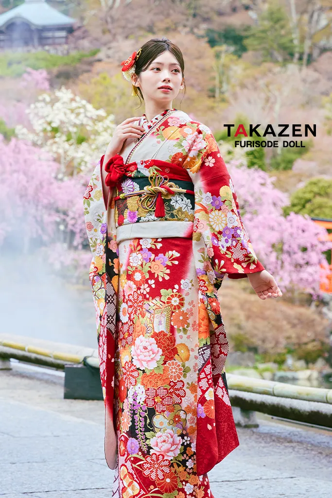 正統派古典 白赤 IKKO振袖 牡丹柄/御所車 定番人気 綺麗 華やか 清楚