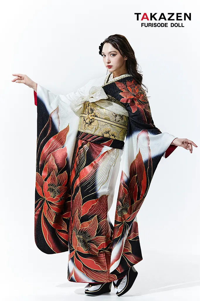 モード系 赤/白/黒 大柄/牡丹柄 かっこいい セクシー キラキラ振袖