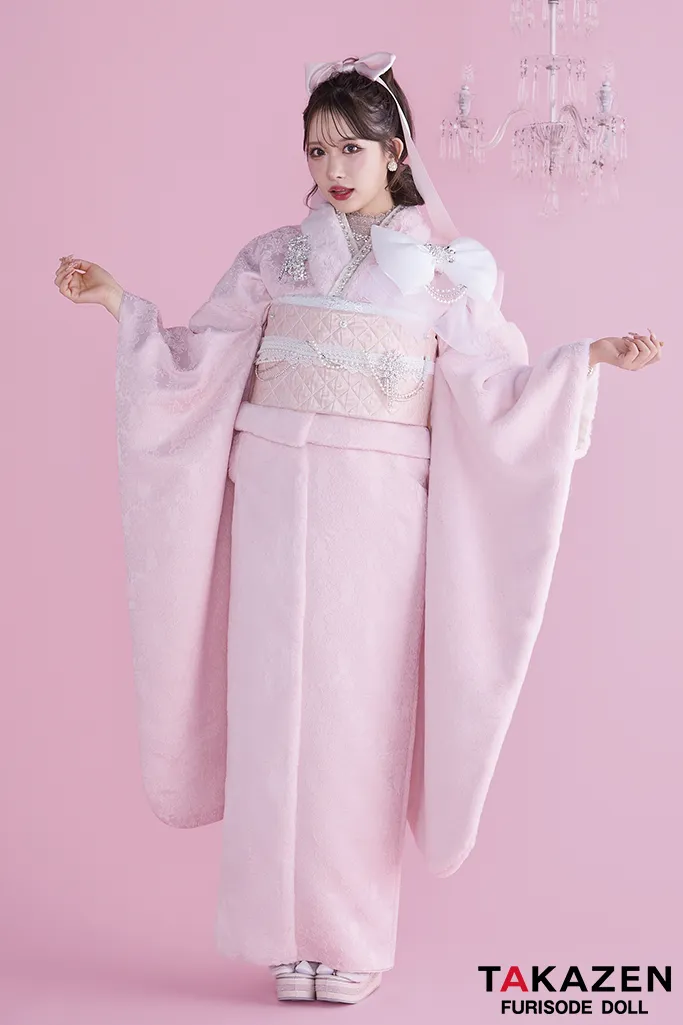 ヘップバーンシュシュ ピンク ファー/ジャガード生地 リボン・キラキラ