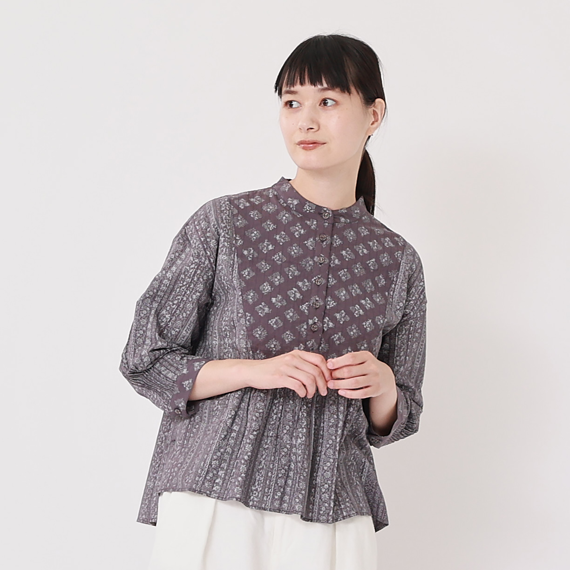 コットンボイルブロックプリントブラウス 【0623PT-91121】