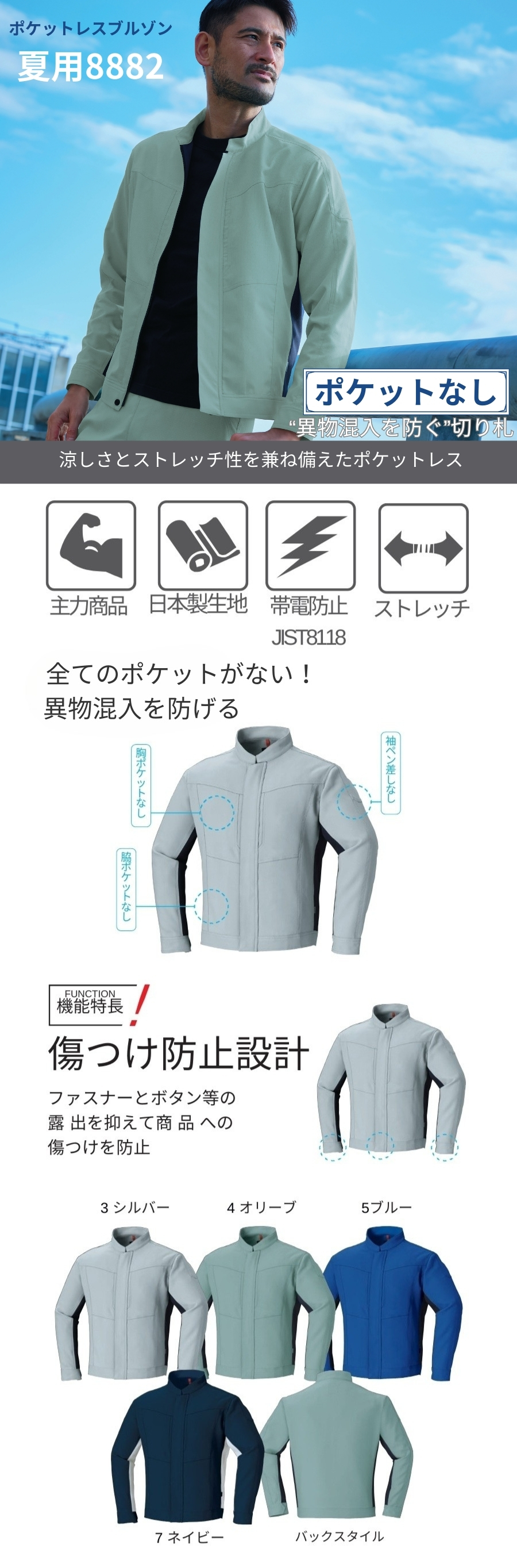 夏用作業着】ポケットレスブルゾン 帯電防止ASAHICHO 8882｜JIS T8118