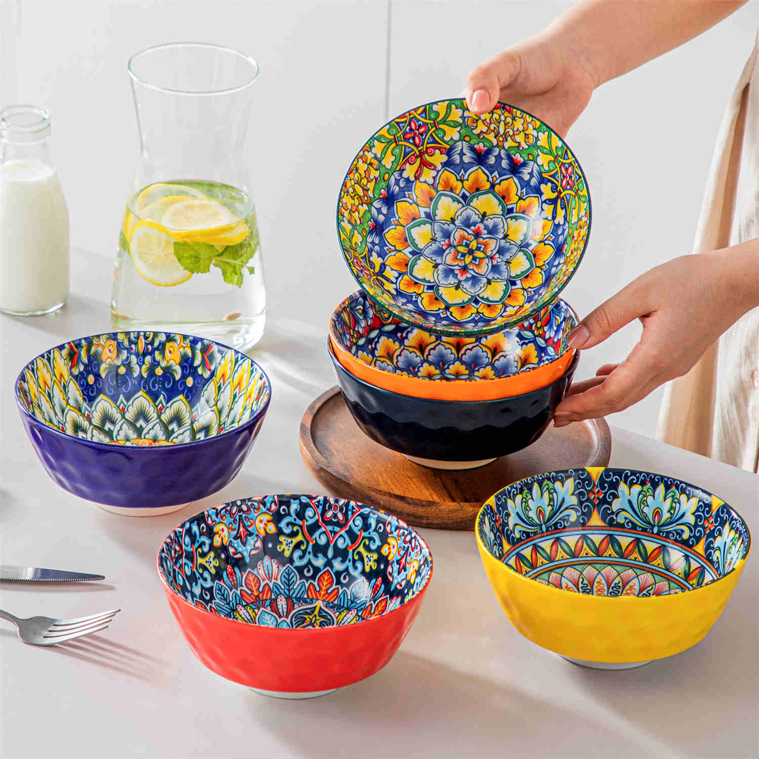 Simi Ceramic Bowls Set of 6 | 26 oz Boho Cereal Bowls