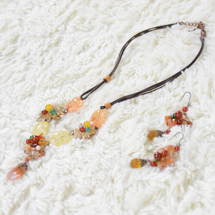 天然石ネックレスとピアスセット メノウ、パール、珊瑚 ピアス