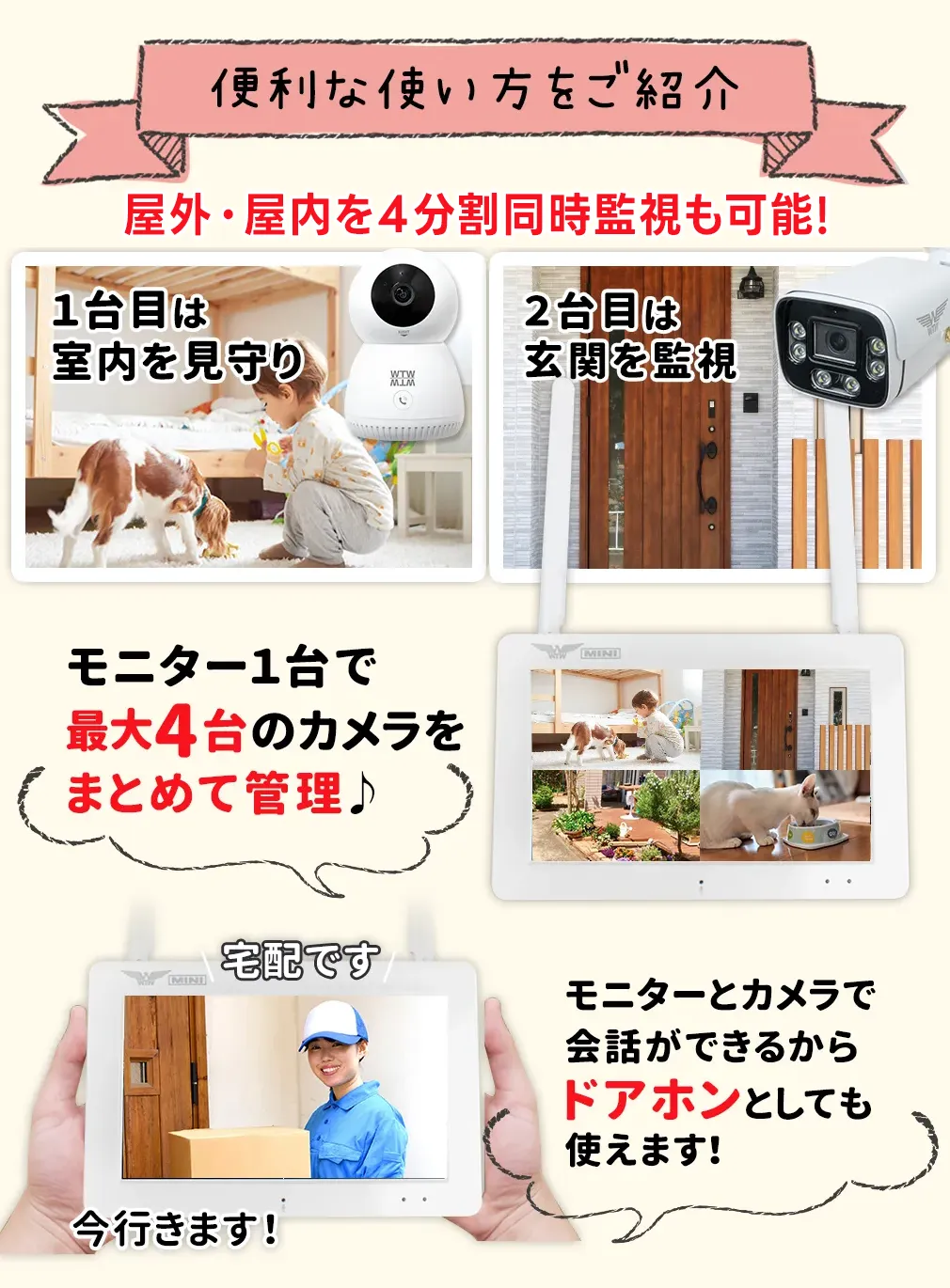 WTW塚本無線公式】WIFI ペットカメラ 玄関灯 防犯灯カメラと7インチ