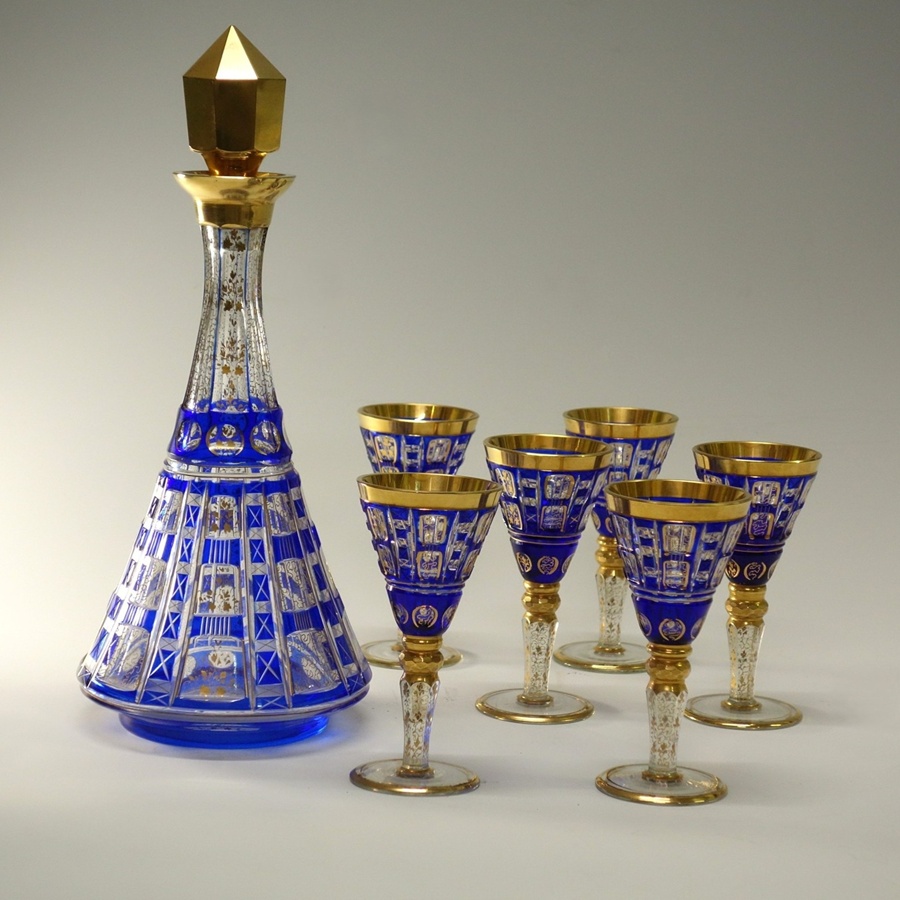 モーゼル 金彩エナメル彩色 ブルーカットデキャンタ付グラス6客セット
