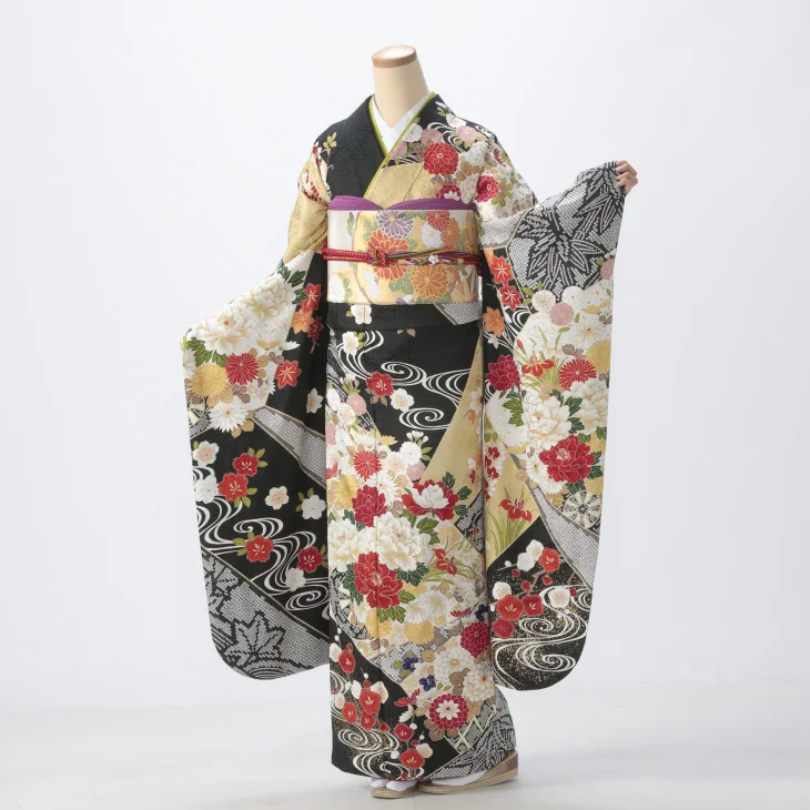 f0724396r2】【黒系】振袖 レンタル フルセット Mサイズ 成人式 着物