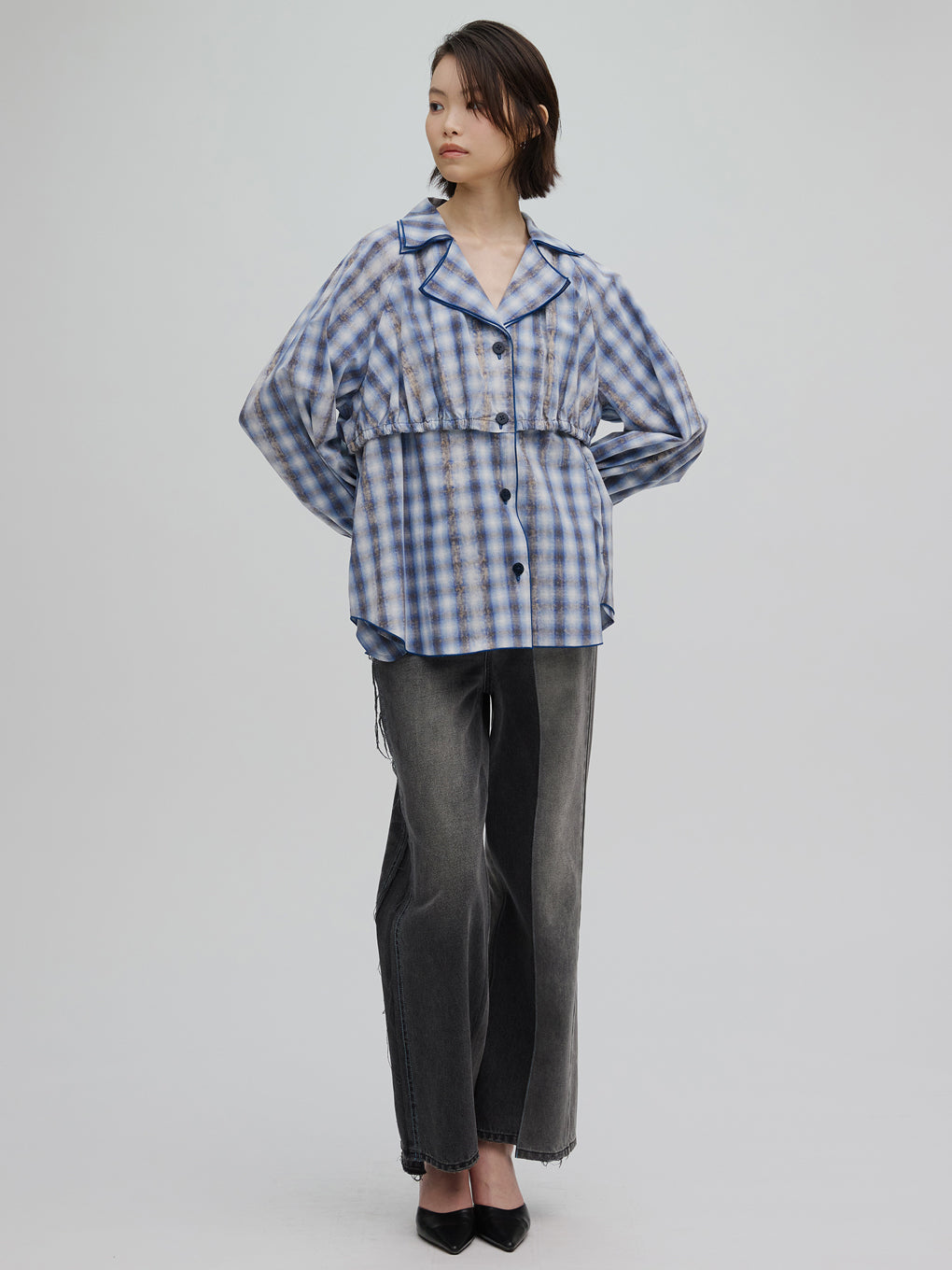 UNEVEN CHECK RIBBON SHIRT