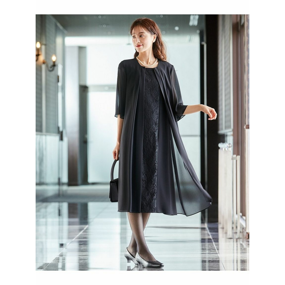 喪服・礼服】洗える防しわ重ね着風フロントレースワンピース＜大きい