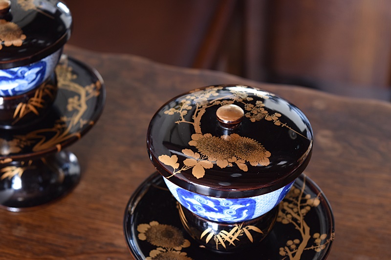 天然木製漆塗 四君子 金蒔絵 高茶台 天目台 2客セット - 生活骨董と