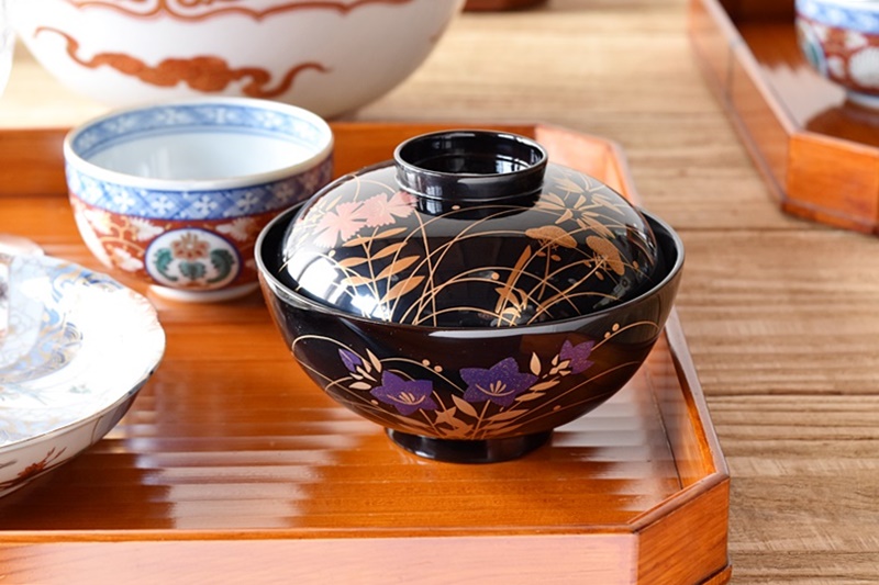 Akiko 輪島塗 図替わり 草花蒔絵 吸物椀 五客 木製 BJ118 Akiko 輪島塗