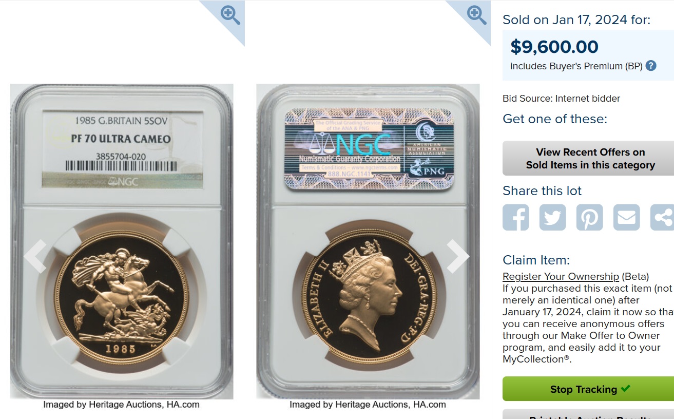 1992年ミドルエリザベス5ポンド金貨【PF70UC】 | アンティークコイン