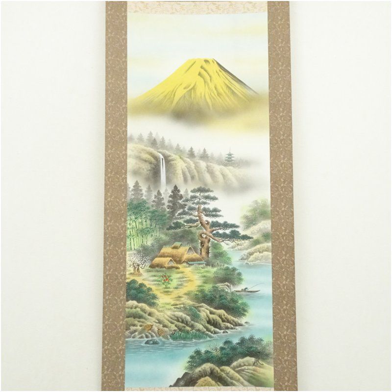 高井一鳳筆 対沖厳封山水図 肉筆絹本掛軸（共箱） 掛け軸 床の間 書