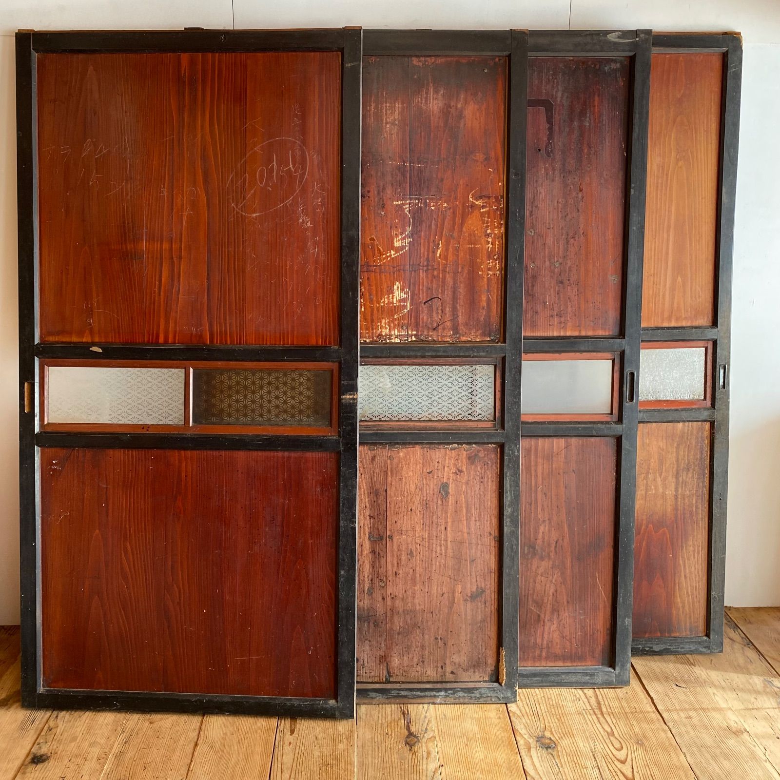 アンティーク 古建具 板戸 ガラス 引き戸 4枚セット 昭和レトロ 建具