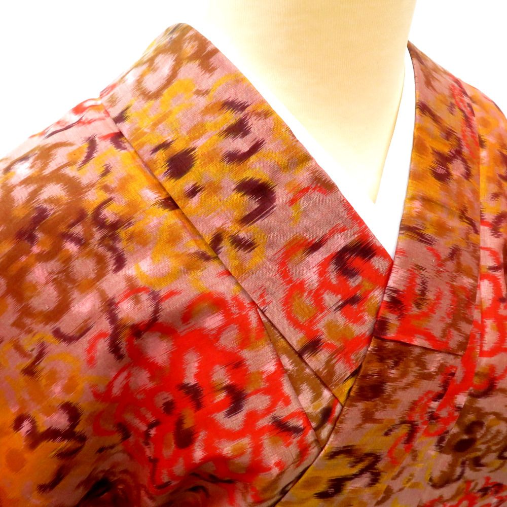 小紋 アンティーク 銘仙 昔着物 茶×多色 花 袷 バチ衿 正絹 昔きもの