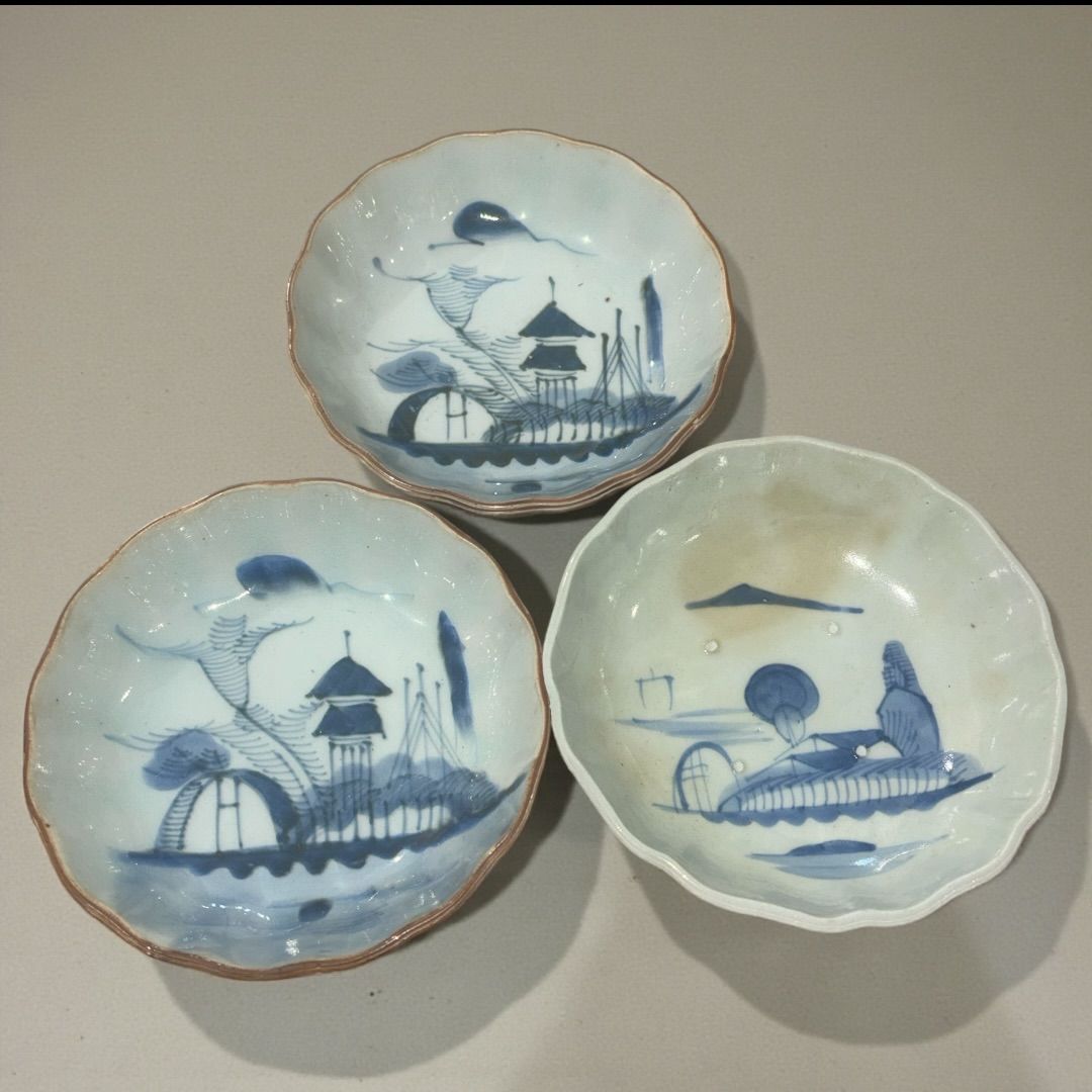 古伊万里 山水呉須絵鉢 3枚 なます皿 染付け 手描き 時代物