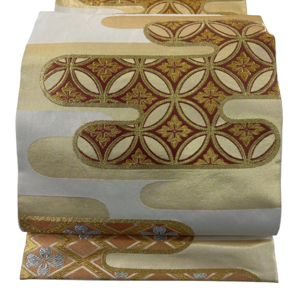 袋帯 秀品 川島織物 落款 ヱ霞 七宝華文 金銀糸 箔 ベージュ 六通 正絹