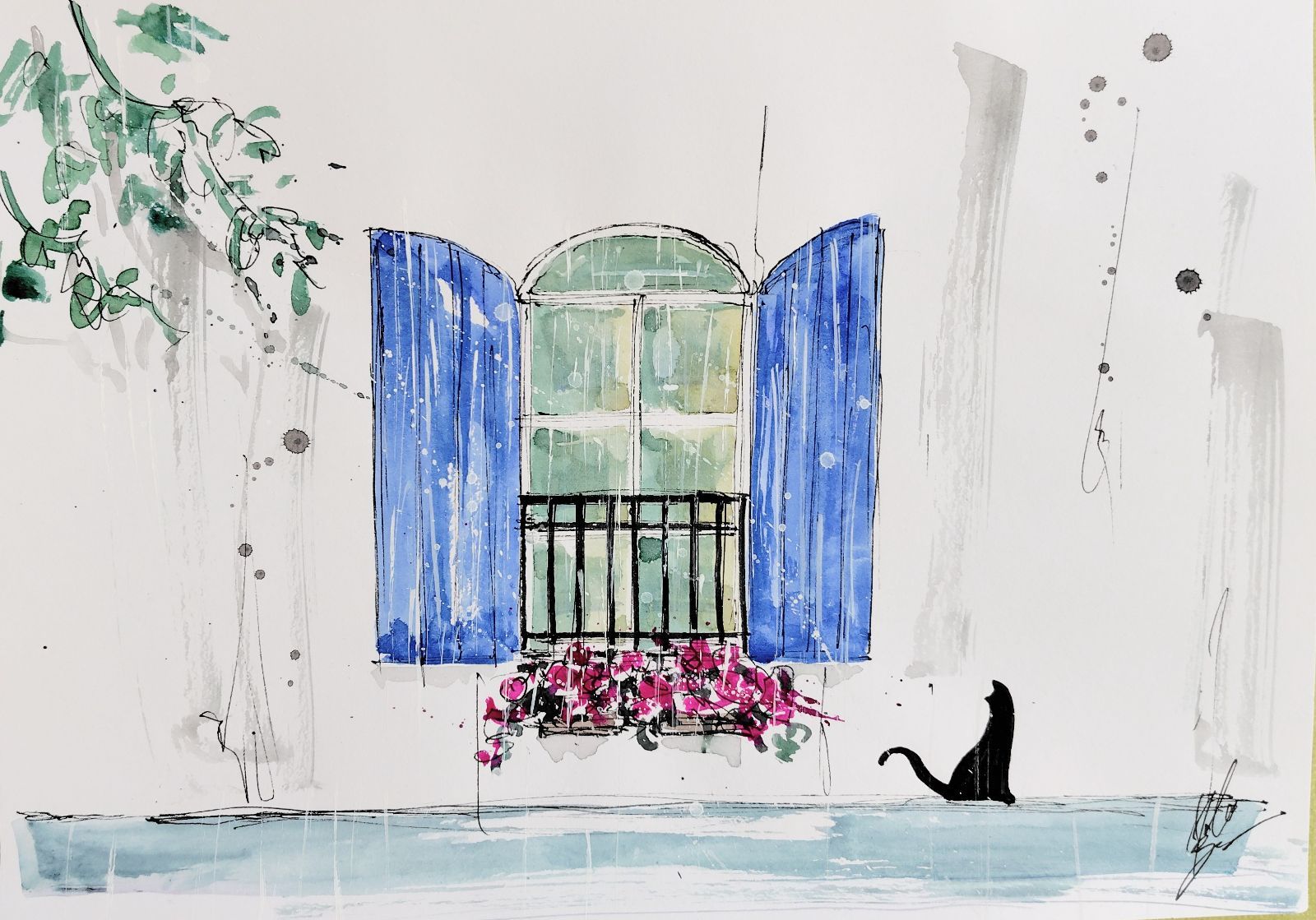 原画#383 黒猫 猫 窓 雨 フランス 水彩画 ドローイング インテリア
