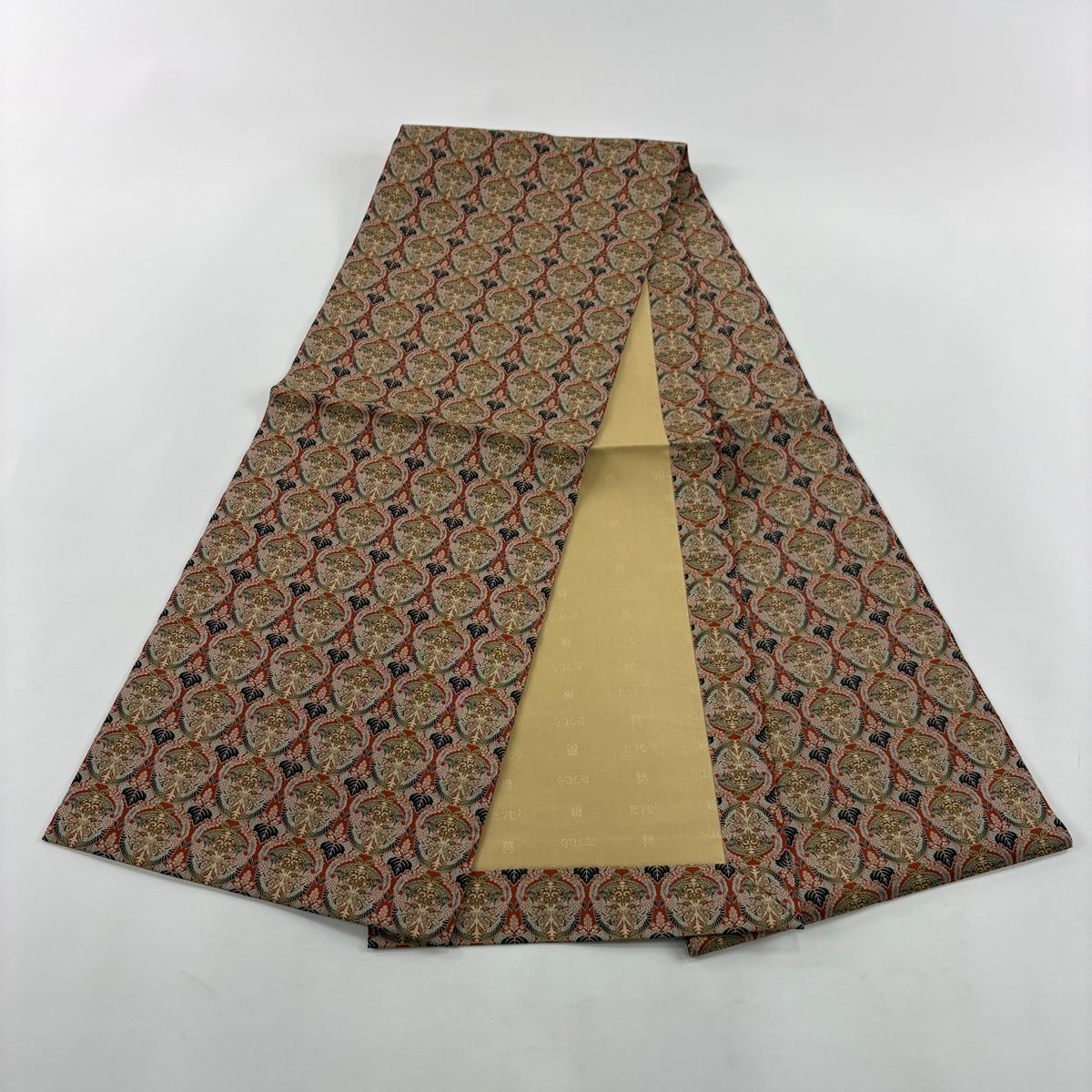 美品】 開き名古屋帯 名品 龍村美術織物 比翼仕立て 壬生寺裂 赤茶