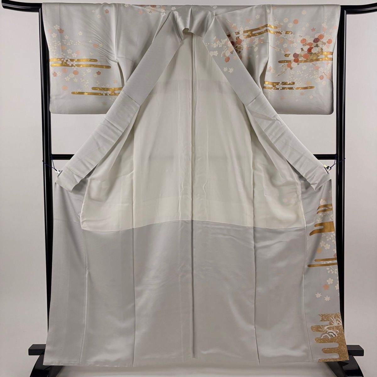 訪問着 身丈164cm 裄丈65cm M 袷 花籠 枝梅 金糸 金彩 灰色 正絹 秀品