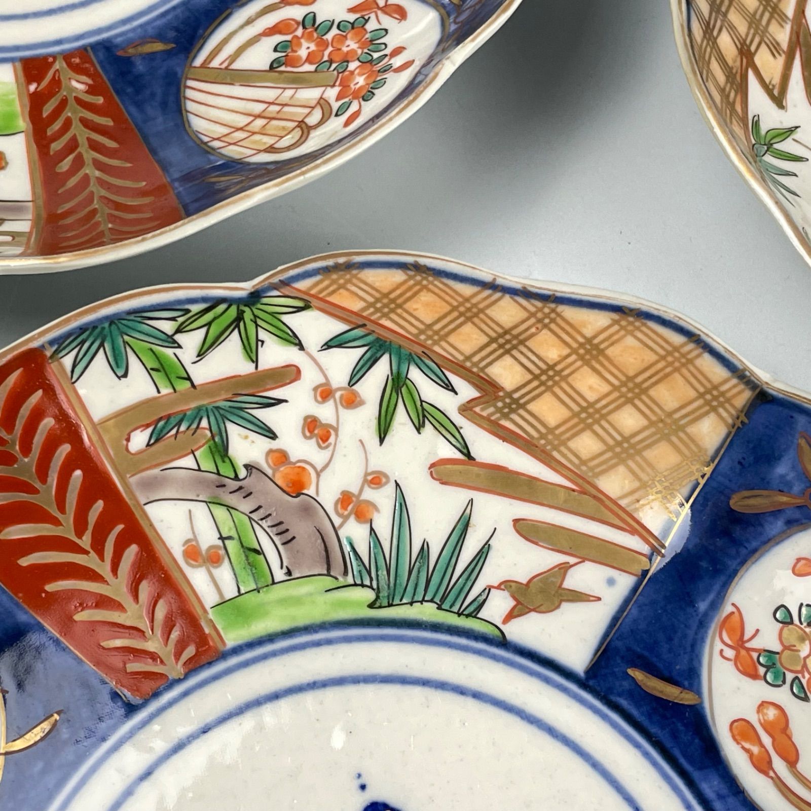 394 錦手 花 鳥 竹 古伊万里 伊万里焼 骨董 アンティーク 7寸皿 5枚