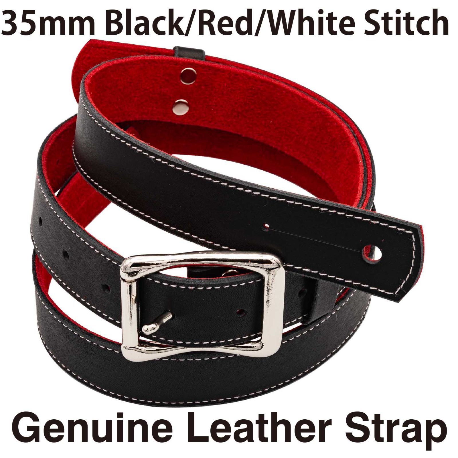 日本製 高級 ハンドメイド ギターストラップ レザー 黒／赤 35mm
