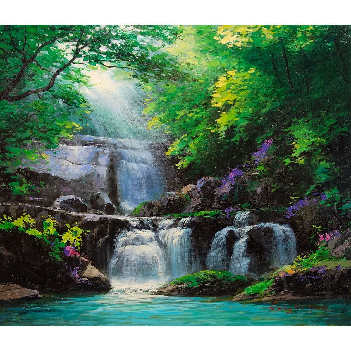 F10 ◎ 油彩画 「清流」 S・H・パーク F10号 滝の風景を描いた油絵