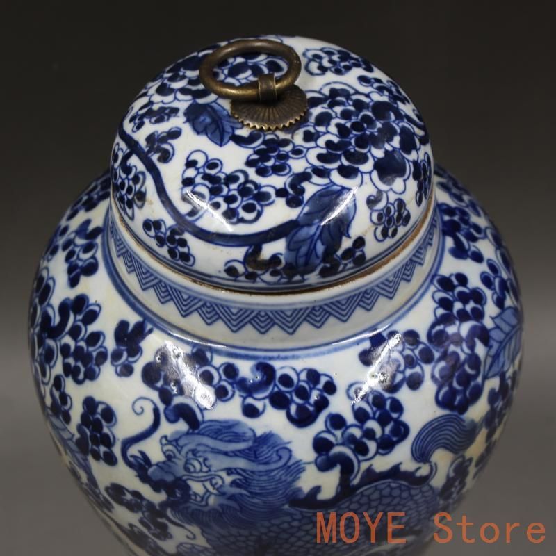 清同治青花穿花麒麟紋茶蓋缶 景徳鎮 陶磁器 装飾品 現代工芸品 美術品