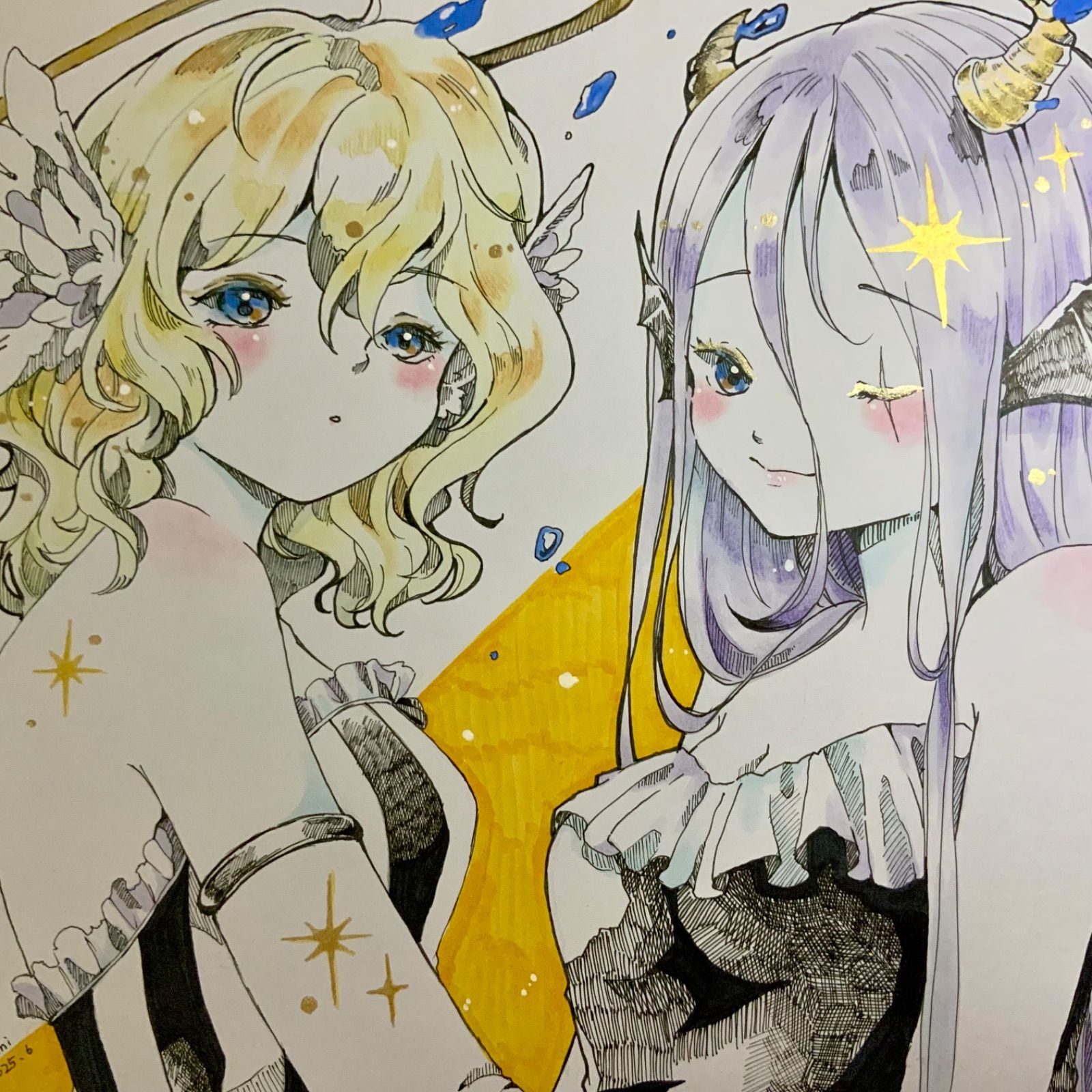 オリジナルイラスト 天使と悪魔ちゃん 色紙大 手描き 原画 女の子