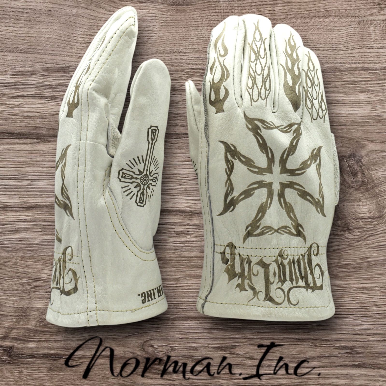 牛革 レザーグローブ アイアンクロス ホワイト 白 アメリカン バイク