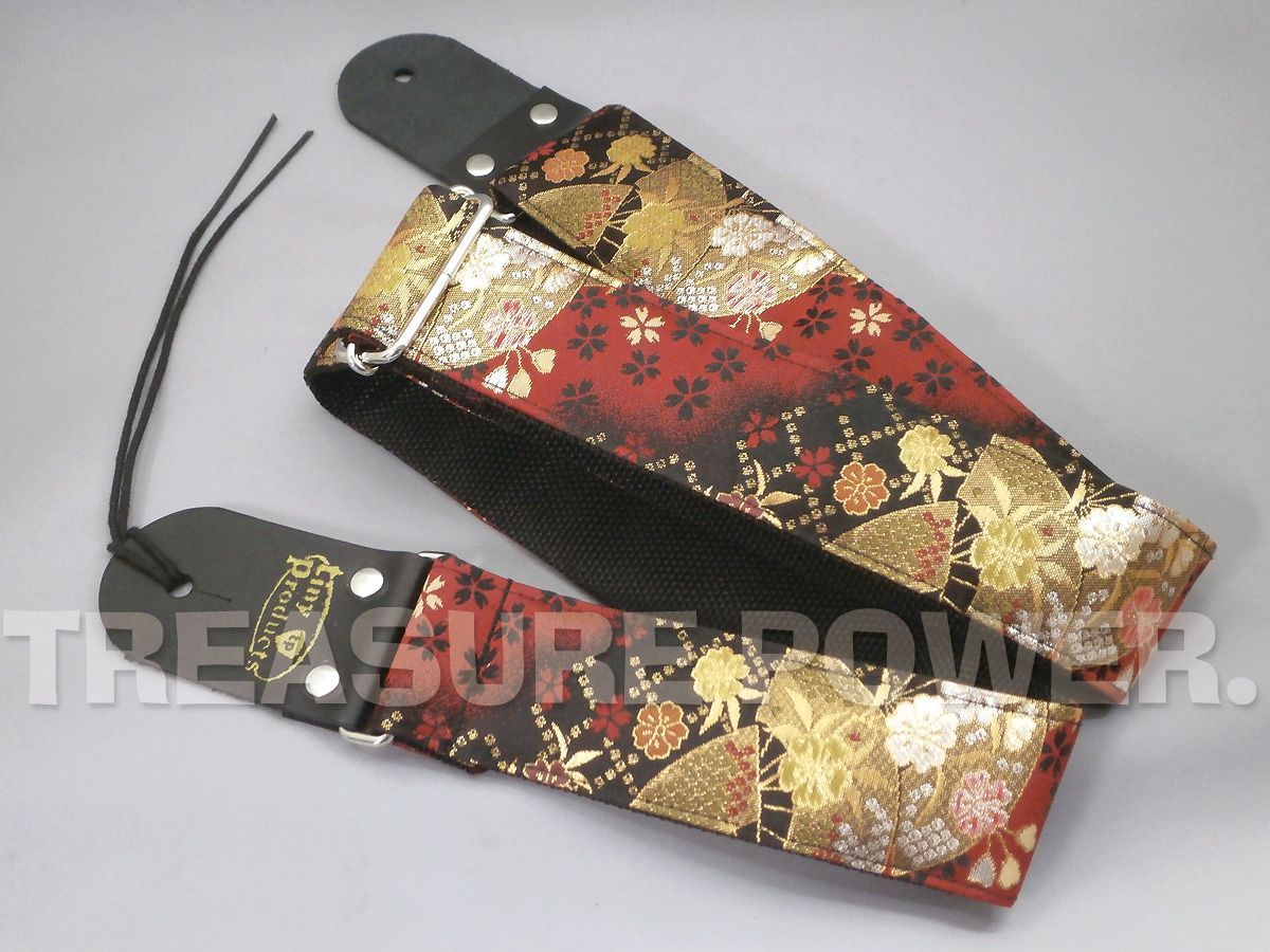 京都西陣織 和柄ギターストラップ 扇柄/赤-黒 金襴生地tinyproducts