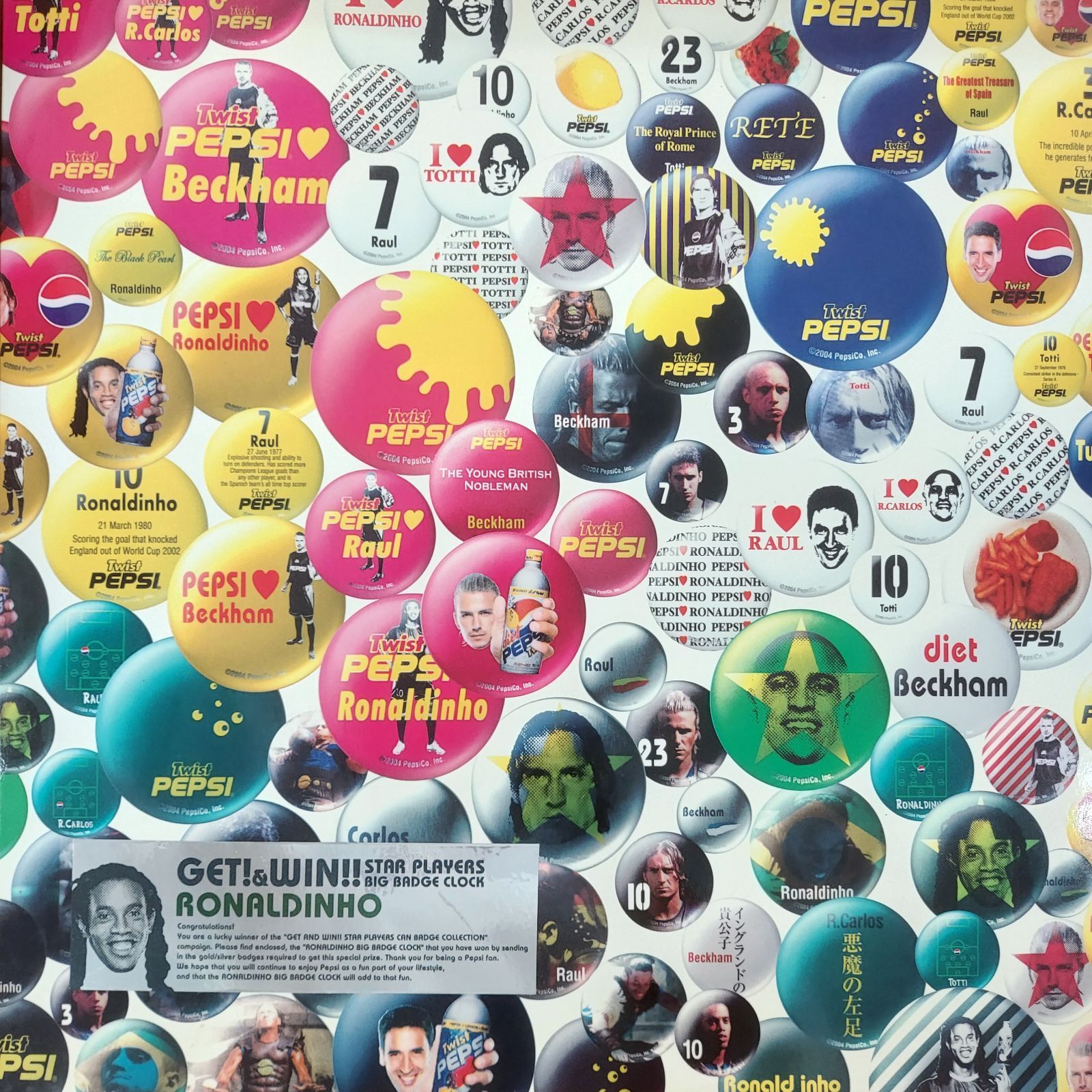 希少】非売品 ペプシ ビッグバッジクロック ロナウジーニョ 缶バッチ型