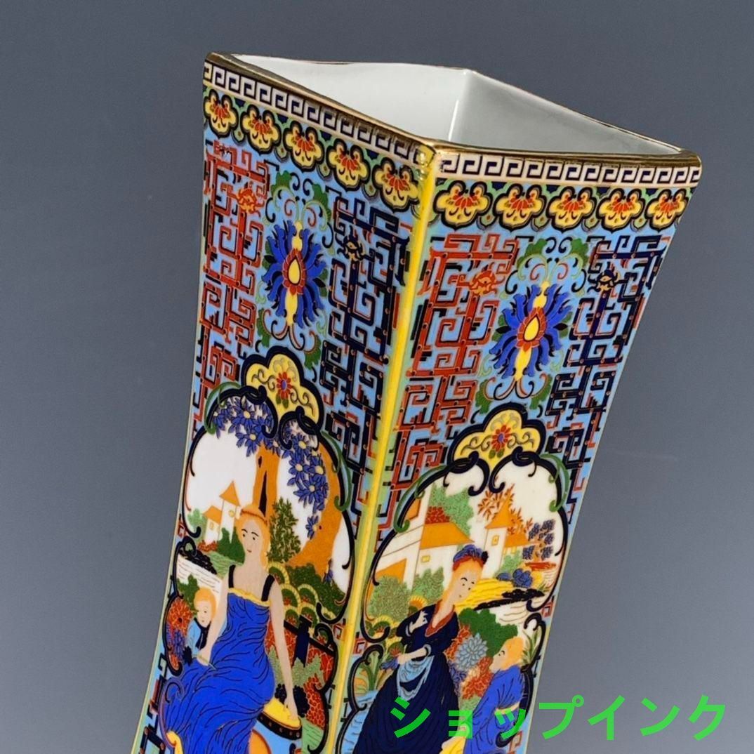 パステル蒔絵人物四角い花瓶 景徳鎮 陶磁器 装飾品 工芸品 美術品 置物