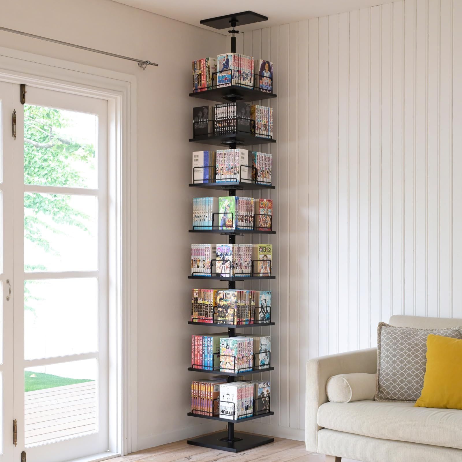 山善] 本棚 突っ張り 回転式本棚 つっぱり棚 回転 大容量 全体耐荷重