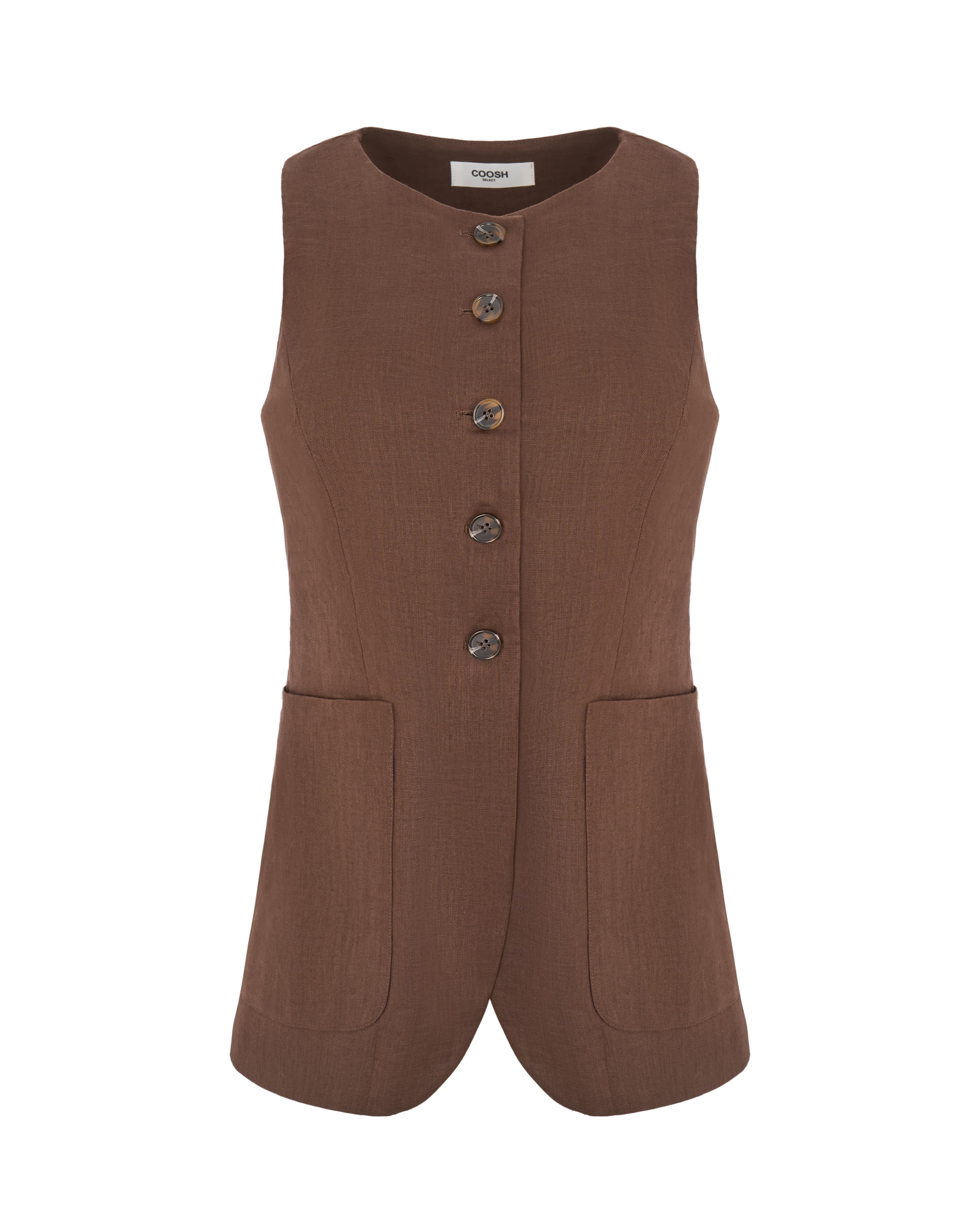 Hemp High Neck Vest with Button Closures and Back Tie - Chocolate