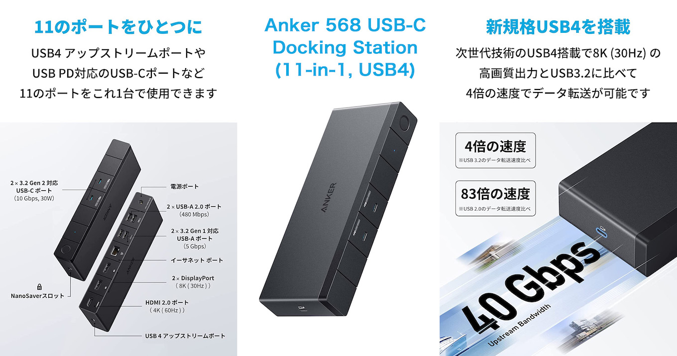 Anker Japan、USB-A/-Cや4K60Hz対応のHDMIなど11ポートを備えたUSB4