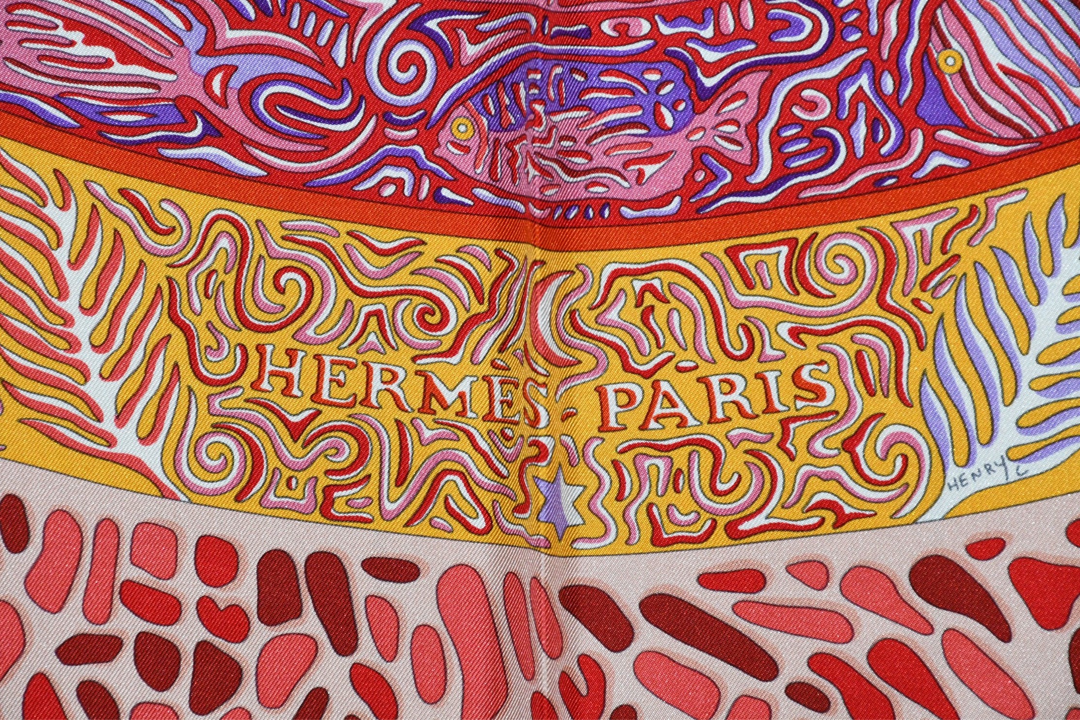 Hermes Scarf La Legende du Poisson Corail 90 cm silk orange Carre